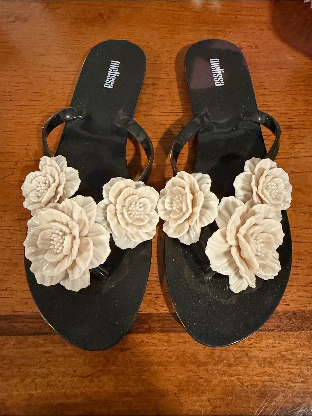 Melissa Black Sandals with Cream Floral Appliqués